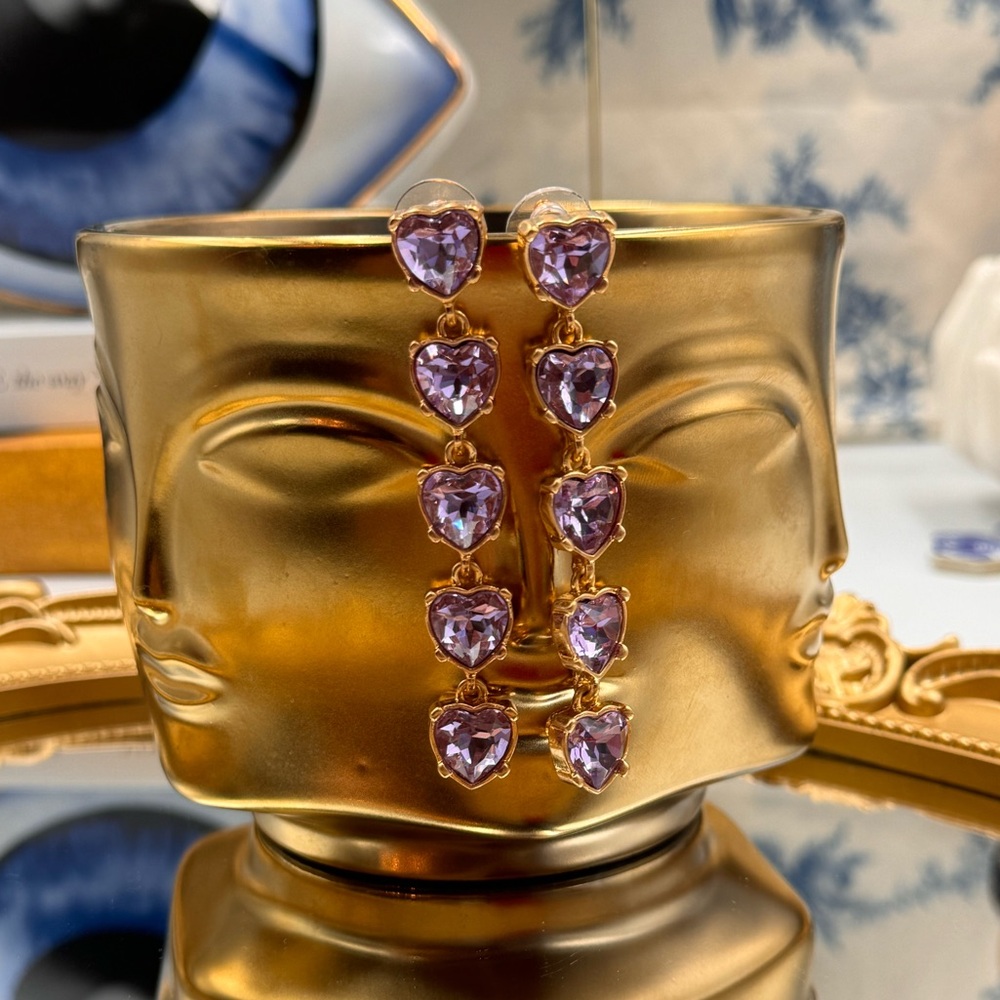 🆕 OSCAR DE LA RENTA 🧿 NWOT Crystal Embellished Amethyst Heart Drop Earrings